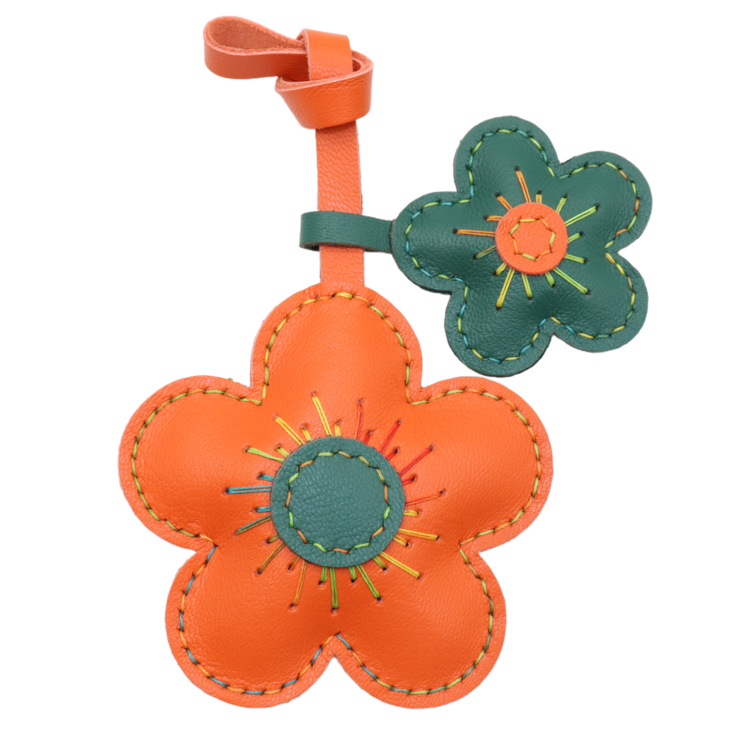 Leather Double Flower Bag Charm, Orange & Dark Green