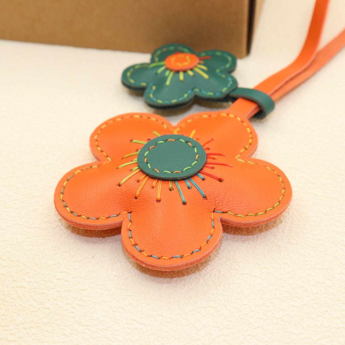 Leather Double Flower Bag Charm, Orange & Dark Green