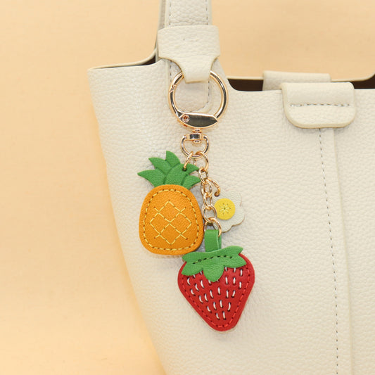 Leather Strawberry Pineapple Flower Keychain