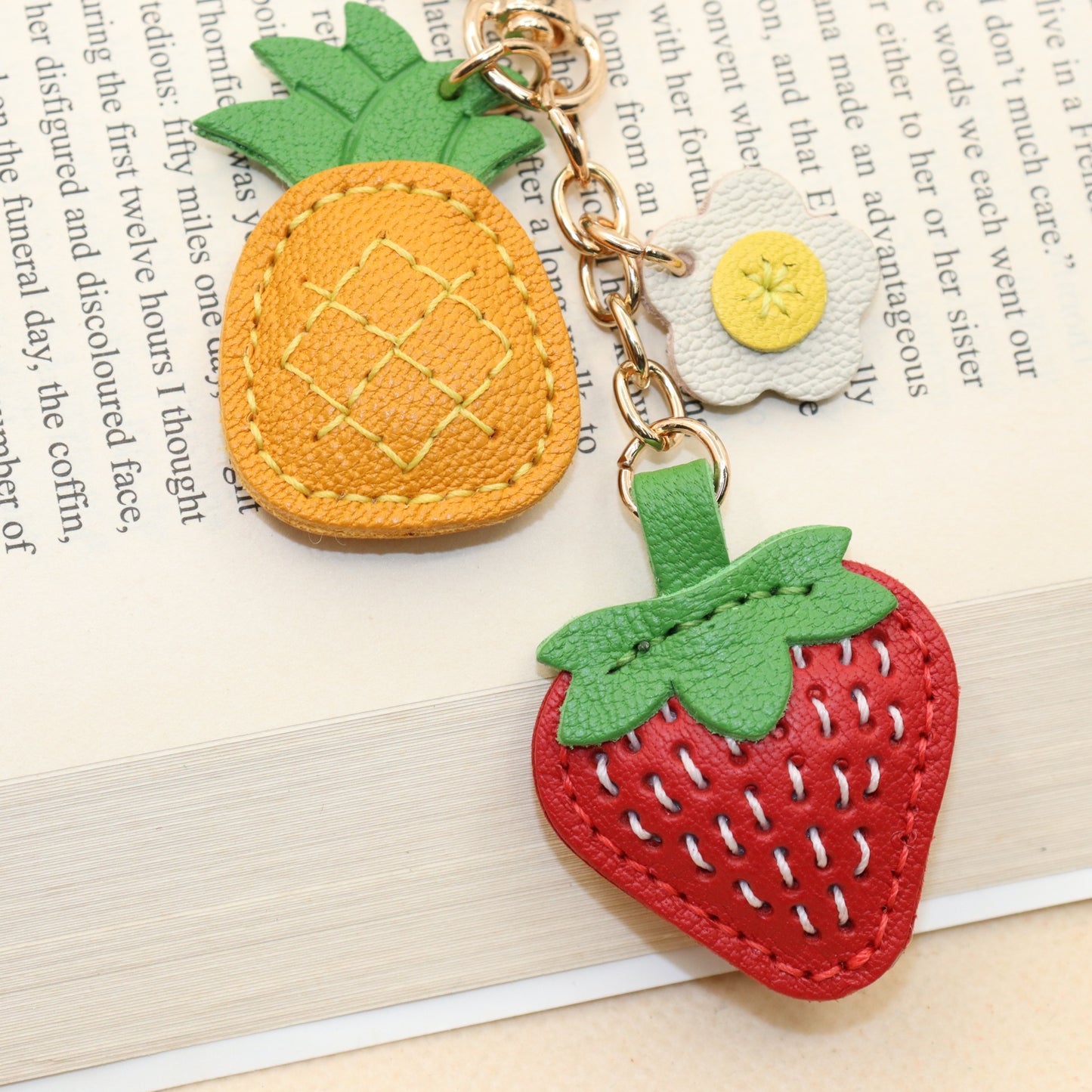 Leather Strawberry Pineapple Flower Keychain